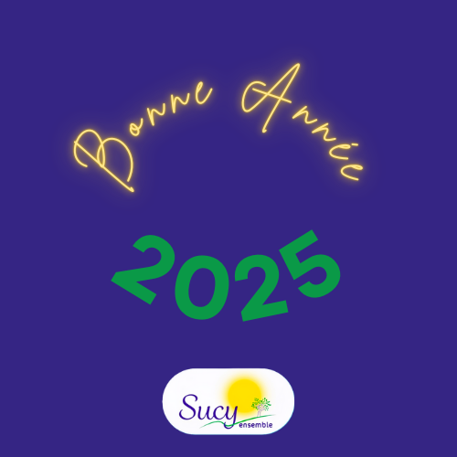 Texte "Bonne Année 2025" sur fond violet avec logo de Sucy.